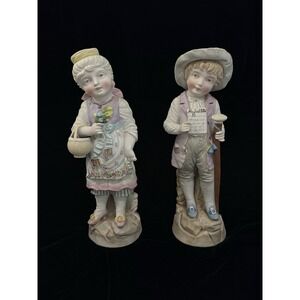 Antique German Bisque Porcelain Figurine Pair Boy Girl 13.5" Marked 4730 Heubach